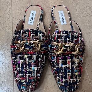Steve Madden Colorful Tweed Mules with Gold Chain